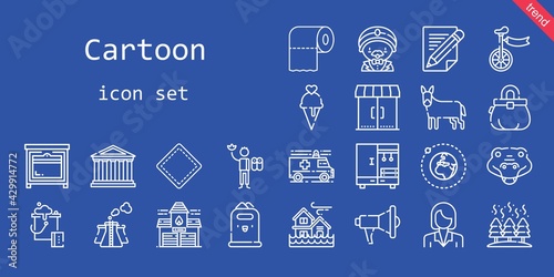 cartoon icon set. line icon style. cartoon related icons such as crocodile, megaphone, oven, donkey, closet, ambulance, pollution, pencil, flood, bucket, fire station, patch, ice cream, earth