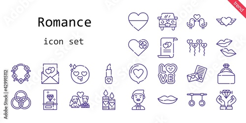 romance icon set. line icon style. romance related icons such as love, groom, engagement ring, balloons, candles, necklace, lipstick, kiss, heart,