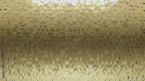 Glossy, 3D Mosaic Tiles arranged in the shape of a wall. Diamond shaped, Polished, Bullion stacked to create a Gold block background. 3D Render