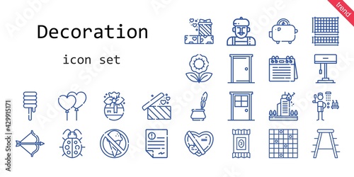 decoration icon set. line icon style. decoration related icons such as gift, calendar, door, shower, stool, artemis, candy, artist, balloons, ink