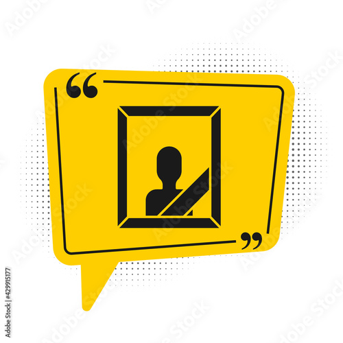 Black Mourning photo frame with black ribbon icon isolated on white background. Funeral ceremony and condolence card layout. Yellow speech bubble symbol. Vector