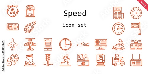 speed icon set. line icon style. speed related icons such as news, plane, ice cream car, tornado, wall clock, clock, shoes, vehicle, running, metro, 