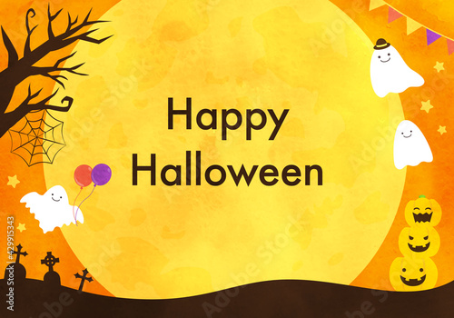水彩風のハロウィンのかわいいフレーム背景のベクターイラスト(ハロウィーン)