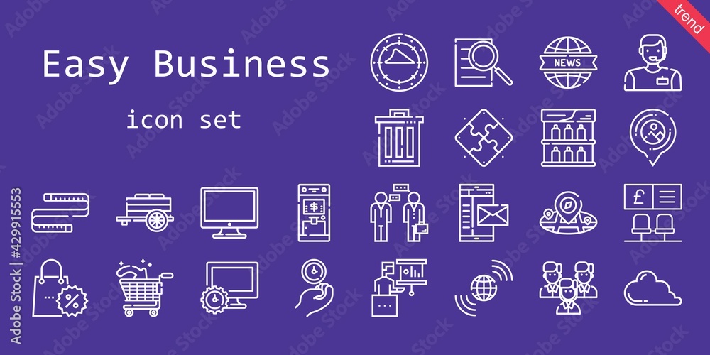 easy business icon set. line icon style. easy business related icons such as mail, searching, news report, wall clock, team, cart, trash, shelf, presentation, earth grid, bank easy business icon set. line icon style. easy business related icons such as mail, searching, news report, wall clock, team, cart, trash, shelf, presentation, earth grid, bank