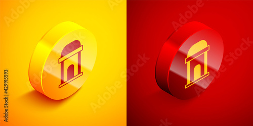 Isometric Old crypt icon isolated on orange and red background. Cemetery symbol. Ossuary or crypt for burial of deceased. Circle button. Vector