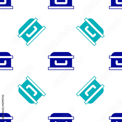 Blue Coffin with christian cross icon isolated seamless pattern on white background. Happy Halloween party. Vector