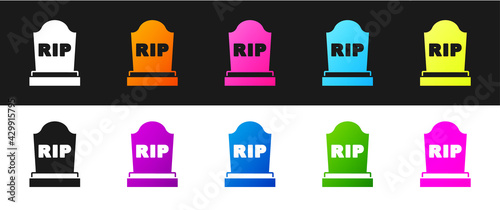 Set Tombstone with RIP written on it icon isolated on black and white background. Grave icon. Vector