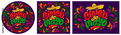 Set of Cinco de Mayo cards or stickers templates for mexico independence celebration with lettering calligraphy Cinco de Mayo. Decorated with sombrero and colorful ornament. Vector illustration. 