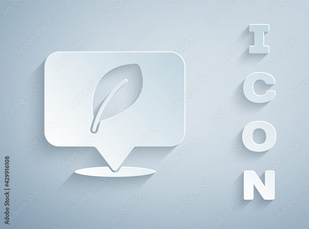 Paper cut Location with leaf icon isolated on grey background. Eco energy concept. Alternative energy concept. Paper art style. Vector Paper cut Location with leaf icon isolated on grey background. Eco energy concept. Alternative energy concept. Paper art style. Vector