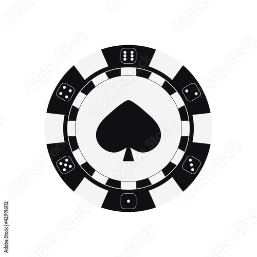 Poker game chip with spades card suit. Black and white casino token icon isolated on white background. Vector simple flat design cartoon style clip art illustration.