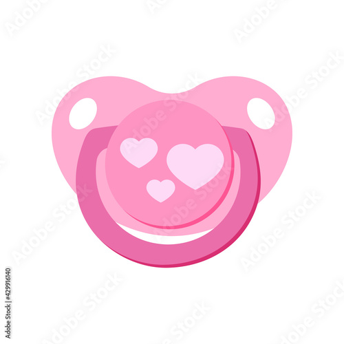 Pacifier baby dummy vector icon isolated on white background. Signs of newborn soother baby nipple - pink with hearts for girl. Flat design cartoon style clip art illustration