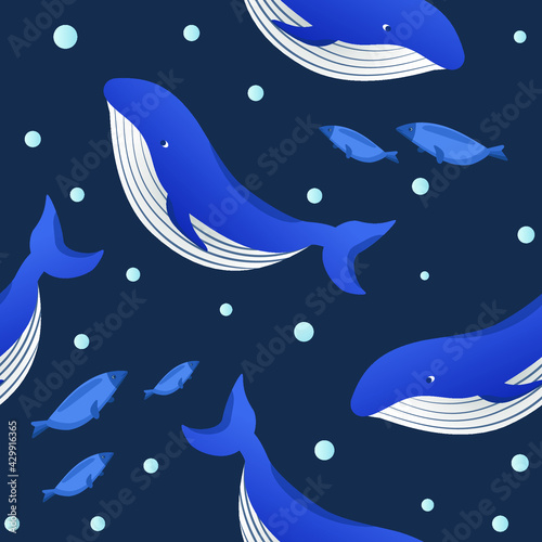 Seamless pattern with blue whales and fish underwater. 