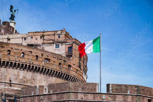Photography Italian flag at the Castel Sant'Angelo, Rome.