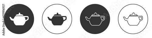 Black Traditional Chinese tea ceremony icon isolated on white background. Teapot with cup. Circle button. Vector