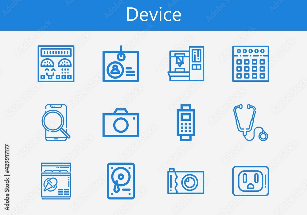 Premium set of device line icons. Simple device icon pack. Stroke vector illustration on a white background. Modern outline style icons collection of Freezer, Payment, Mixer Premium set of device line icons. Simple device icon pack. Stroke vector illustration on a white background. Modern outline style icons collection of Freezer, Payment, Mixer