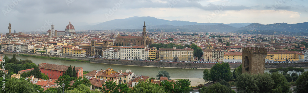 Panorama of Florence. View of the Cathedral of Santa Maria del Fiore, the Basilica of Santa Croce, Palazzo Vecchio and the Arno River on a rainy day