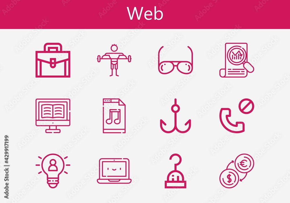 Premium set of web line icons. Simple web icon pack. Stroke vector illustration on a white background. Modern outline style icons collection of Hook, Money, Laptop, Music file Premium set of web line icons. Simple web icon pack. Stroke vector illustration on a white background. Modern outline style icons collection of Hook, Money, Laptop, Music file