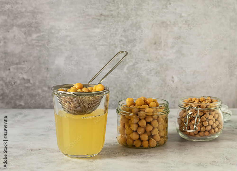 Canned chickpea water aquafaba. Egg replacement and substitutes. Vegan