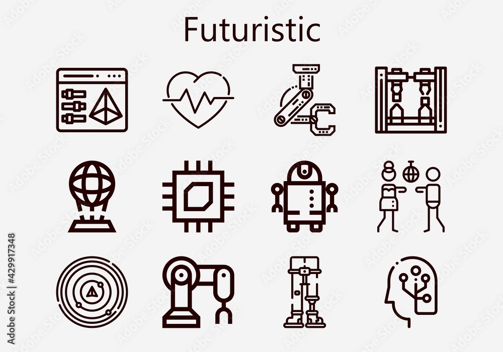 Premium set of futuristic [S] icons. Simple futuristic icon pack. Stroke vector illustration on a white background. Modern outline style icons collection of Human, Hologram, Disco, Radar