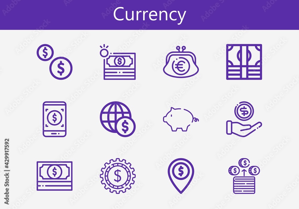 Premium set of currency line icons. Simple currency icon pack. Stroke vector illustration on a white background. Modern outline style icons collection of Money, Purse