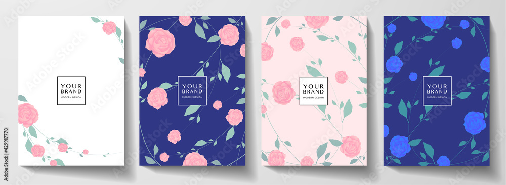 Floral cover page design set with pink tea rose flower pattern. Elegant ...