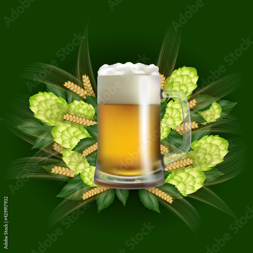 Beer mug with hop cones and wheat ears