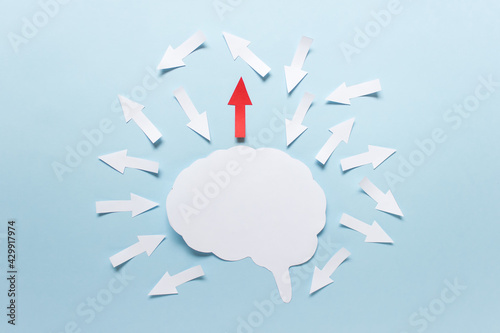 One main idea concept made with paper brain silhouette and many chotic arrows