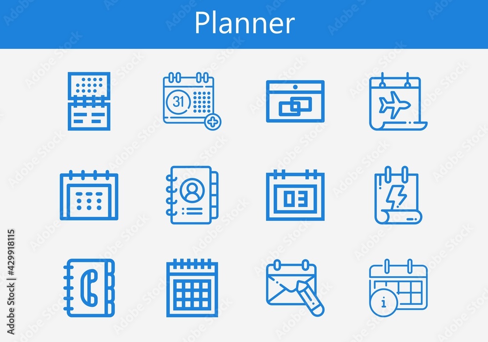 Premium set of planner line icons. Simple planner icon pack. Stroke vector illustration on a white background. Modern outline style icons collection of Calendar, Agenda, Contact book Premium set of planner line icons. Simple planner icon pack. Stroke vector illustration on a white background. Modern outline style icons collection of Calendar, Agenda, Contact book