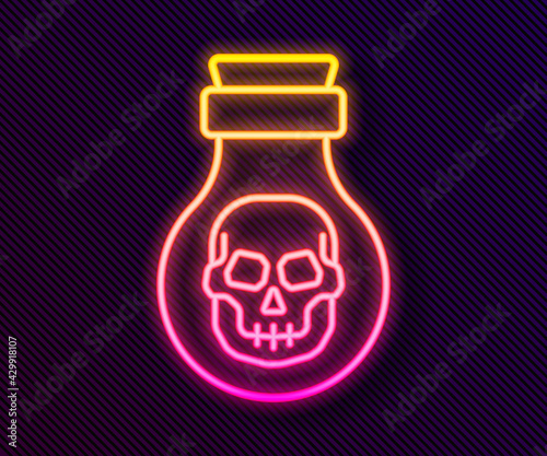Glowing neon line Poison in bottle icon isolated on black background. Bottle of poison or poisonous chemical toxin. Vector