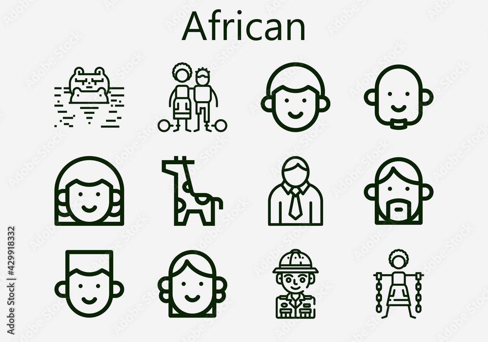 Premium set of african [S] icons. Simple african icon pack. Stroke vector illustration on a white background. Modern outline style icons collection of Slavery, Safari, Hippopotamus, Avatar