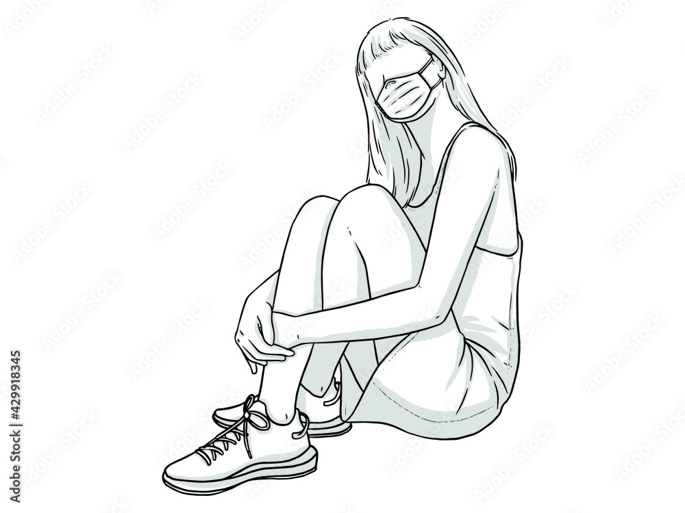A woman with a frown hair on her knees. Wear a mask. New normal. Human character on white background. Hand drawn style vector design illustrations.