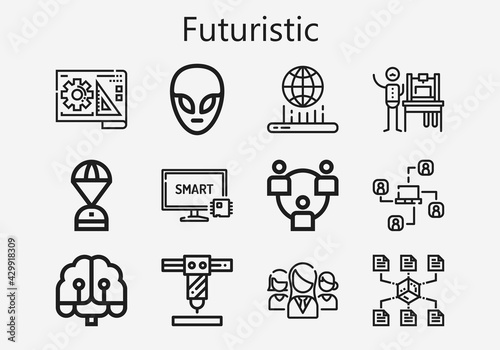 Premium set of futuristic [S] icons. Simple futuristic icon pack. Stroke vector illustration on a white background. Modern outline style icons collection of Alien, Hologram, Smart tv, Networking