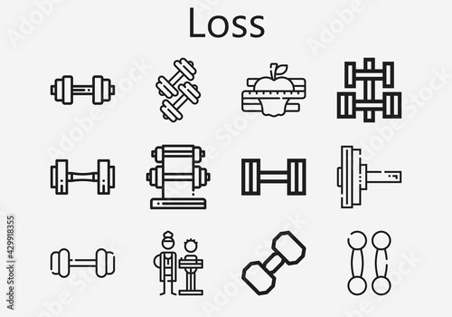 Premium set of loss [S] icons. Simple loss icon pack. Stroke vector illustration on a white background. Modern outline style icons collection of Nutritionist, Diet, Dumbbell