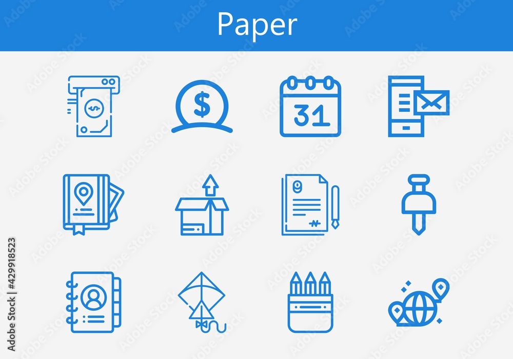 Premium set of paper line icons. Simple paper icon pack. Stroke vector illustration on a white background. Modern outline style icons collection of Money, Mail, Guide Premium set of paper line icons. Simple paper icon pack. Stroke vector illustration on a white background. Modern outline style icons collection of Money, Mail, Guide