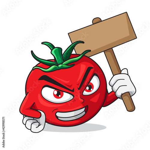 Angry tomato character holding wooden sign board illustration
