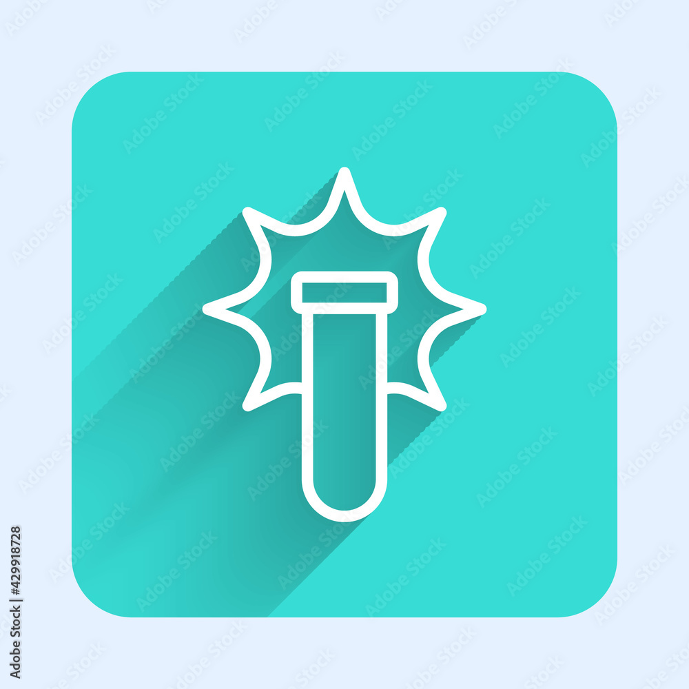White line Chemical experiment, explosion in the flask icon isolated with long shadow. Chemical explosion in a test tube. Green square button. Vector White line Chemical experiment, explosion in the flask icon isolated with long shadow. Chemical explosion in a test tube. Green square button. Vector