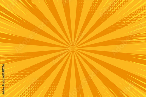 Pop art background. Comic pattern with starburst and halftone. Cartoon retro sunburst effect. Orange banner with dots. Vintage sunshine texture. Vector illustration. Superhero starburst print.