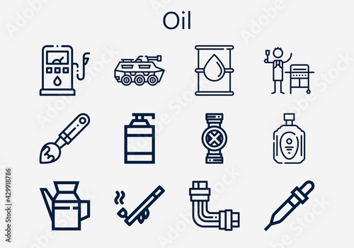 Premium set of oil [S] icons. Simple oil icon pack. Stroke vector illustration on a white background. Modern outline style icons collection of Oil, Gas, Shampoo, Pipe, Gas station, Tank