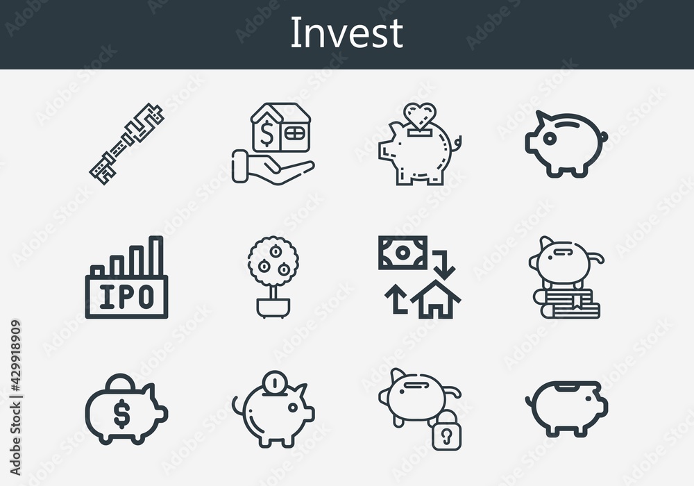 Premium set of invest line icons. Simple invest icon pack. Stroke vector illustration on a white background. Modern outline style icons collection of Money tree, Mortgage, Piggy bank, Ipo
