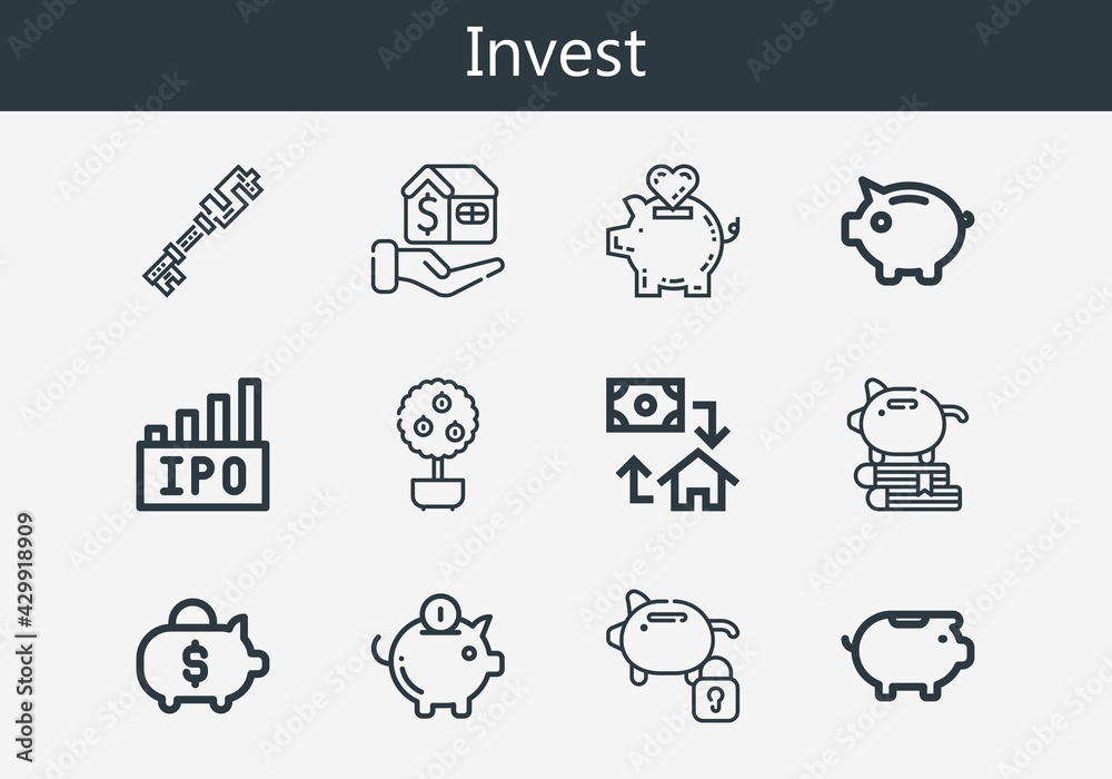 Premium set of invest line icons. Simple invest icon pack. Stroke vector illustration on a white background. Modern outline style icons collection of Money tree, Mortgage, Piggy bank, Ipo Premium set of invest line icons. Simple invest icon pack. Stroke vector illustration on a white background. Modern outline style icons collection of Money tree, Mortgage, Piggy bank, Ipo