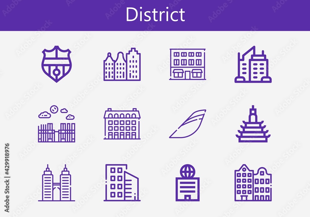 Premium set of district line icons. Simple district icon pack. Stroke vector illustration on a white background. Modern outline style icons collection of Building, Nantes, Skyscraper, Merida