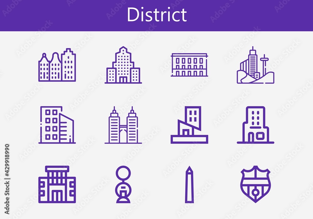 Fototapeta premium Premium set of district line icons. Simple district icon pack. Stroke vector illustration on a white background. Modern outline style icons collection of Building, Nantes, National mall, Skyscraper
