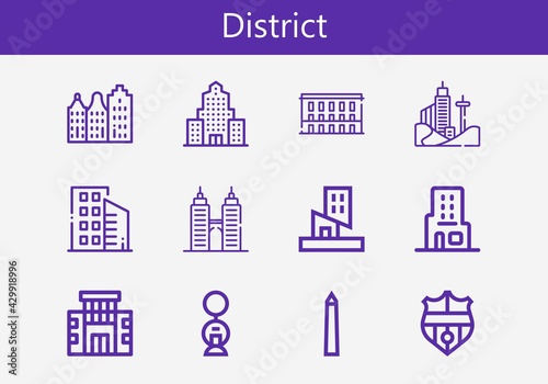 Premium set of district line icons. Simple district icon pack. Stroke vector illustration on a white background. Modern outline style icons collection of Building, Nantes, National mall, Skyscraper