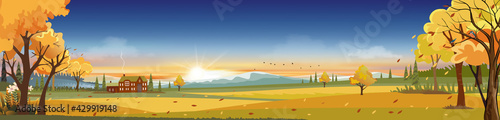 Fantasy landscapes Countryside with sunset in Autumn,Vector wonderland mid autumn with farm field, mountains and leaves falling from trees in yellow foliage in evening sky. Fairytale in fall season