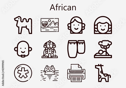 Premium set of african [S] icons. Simple african icon pack. Stroke vector illustration on a white background. Modern outline style icons collection of Print, Savannah, Sphinx, Conga, Diaspora photo