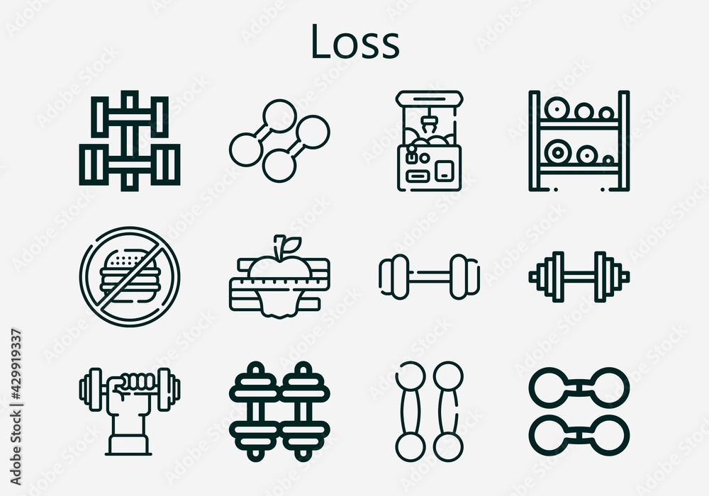Premium set of loss [S] icons. Simple loss icon pack. Stroke vector illustration on a white background. Modern outline style icons collection of Claw machine, Diet, Dumbbell, Junk food