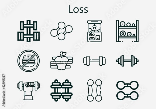 Premium set of loss [S] icons. Simple loss icon pack. Stroke vector illustration on a white background. Modern outline style icons collection of Claw machine, Diet, Dumbbell, Junk food
