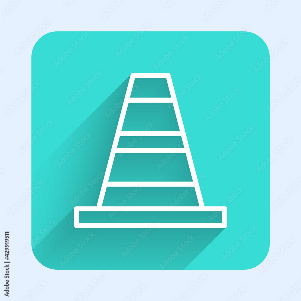 White line Traffic cone icon isolated with long shadow. Green square button. Vector White line Traffic cone icon isolated with long shadow. Green square button. Vector