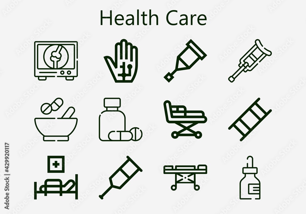 Premium set of health care [S] icons. Simple health care icon pack. Stroke vector illustration on a white background. Modern outline style icons collection of Medicine, Radiography, Crutch