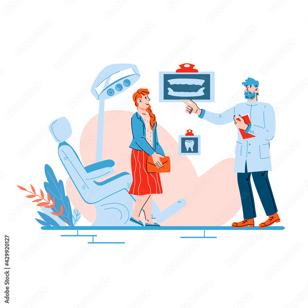 Dentist doctor prescribes a treatment plan for the patient, cartoon vector illustration. Design for dentistry with cartoon characters. Dental clinic scene. Dentist doctor prescribes a treatment plan for the patient, cartoon vector illustration. Design for dentistry with cartoon characters. Dental clinic scene.